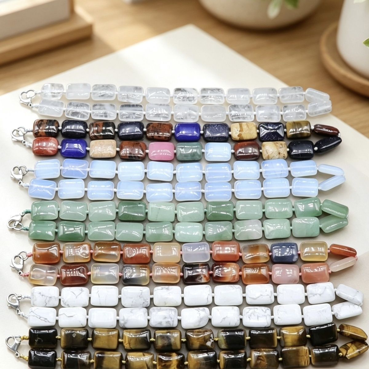 Colar de pedra colorida de ágata de cristal natural, colar de tecido com nós retangulares
