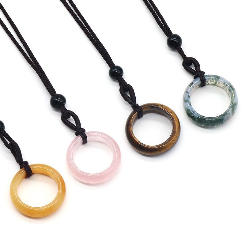 1435-Colar de Anel de Pedra de Cristal Natural Anel de Correr Clavícula Círculo Feminino Colar Simples Jóias