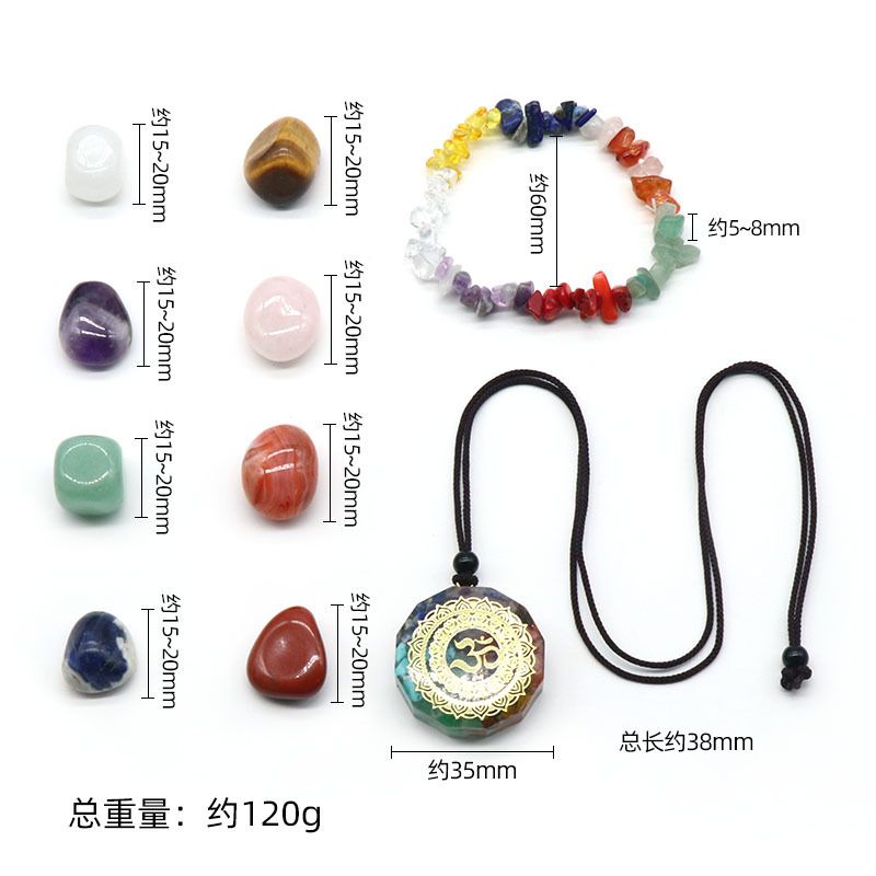 1538-Conjunto de cristal de sete veias de ioga Pulseira de cascalho de cristal colorido, colar epóxi, irregular 8 peças