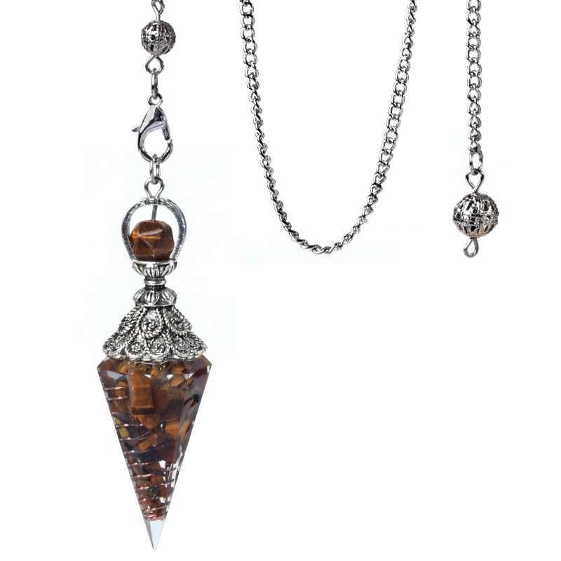 1924-Pêndulo de resina de cascalho colorido de cristal de prata antigo, pingente de cone hexagonal, transfronteiriço