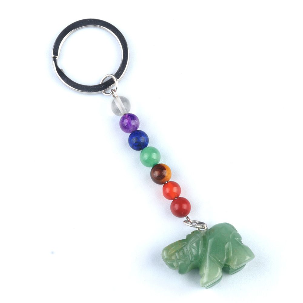 Chaveiro de elefante de pedra de cristal colorido, pingente de jóias de chakra, pingente de chaveiro de animal pequeno.