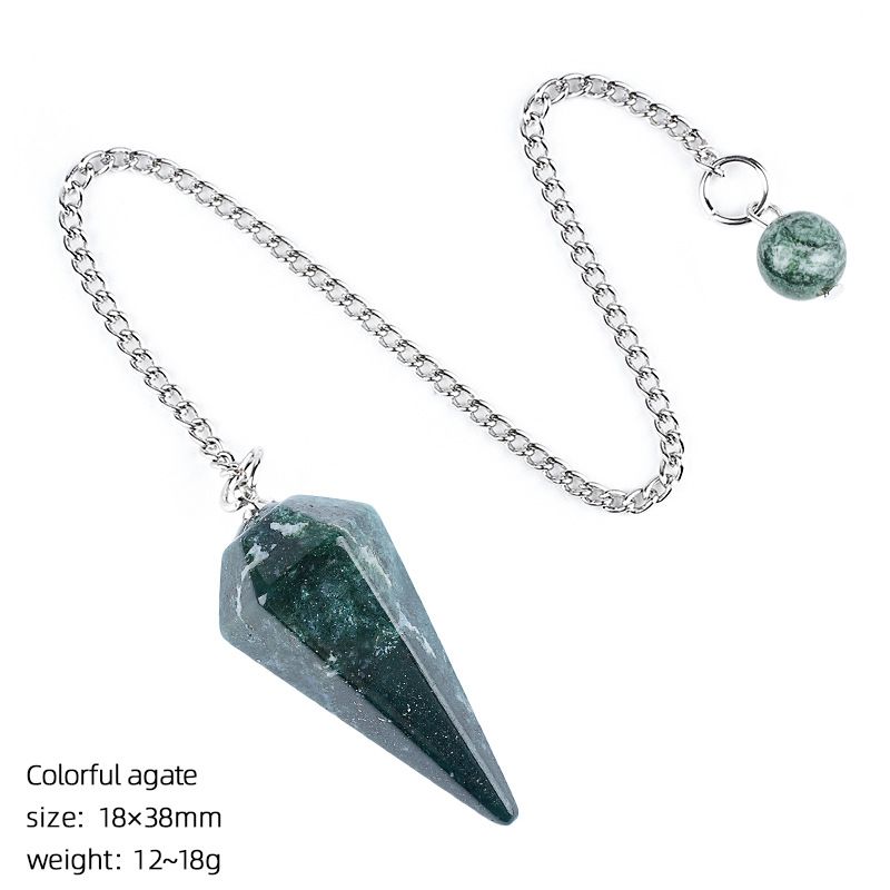 Pingente de pêndulo de cristal natural 38 mm Pedra preciosa de cone hexagonal com corrente Yoga Meditação Pêndulo de frequência ajustável