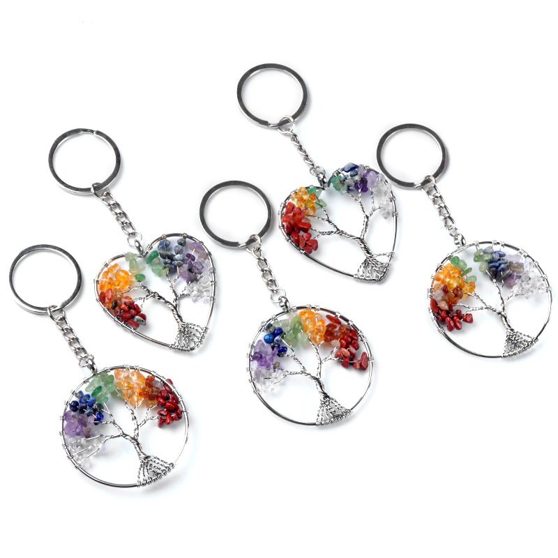 1707 - Sete Cores Cristal Pedra Triturada Árvore da Vida Chaveiro Chakra Yoga Joia Pingente Árvore do Dinheiro