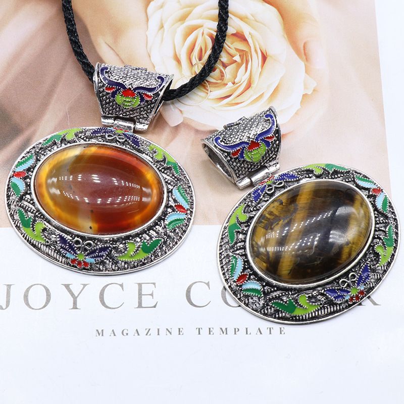 Cristal ágata liga de pedra semipreciosa oval incrustada pingente de pedra preciosa artesanato em óleo, colar exagerado