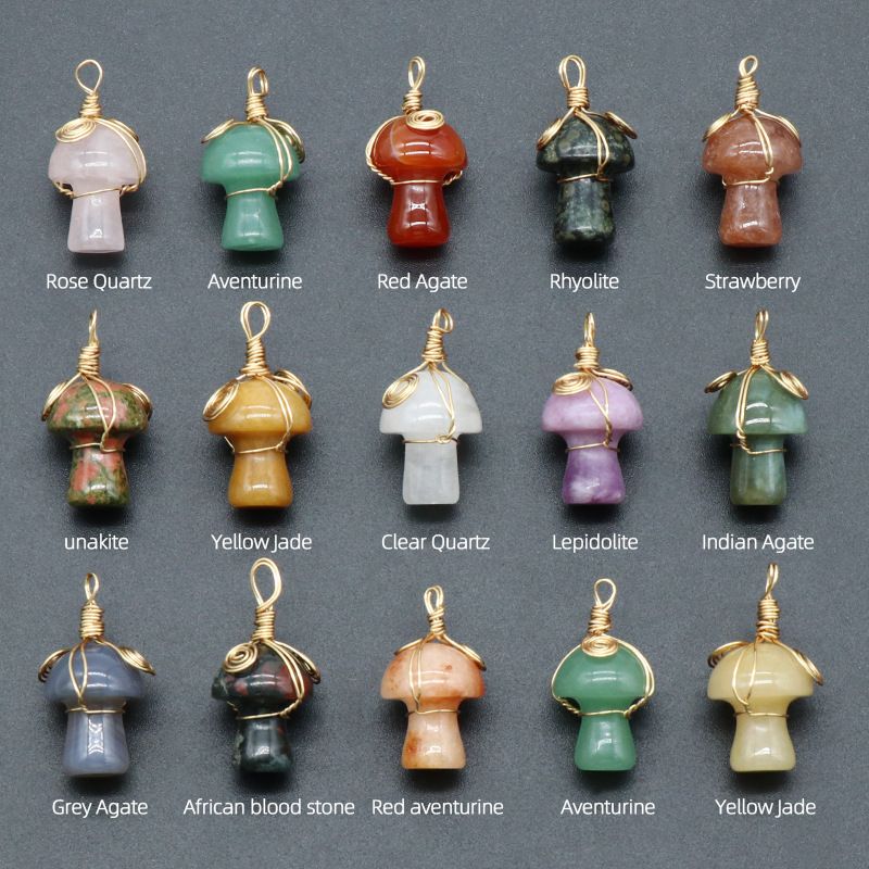 1507-Pedra de cristal natural 20mm pequeno cogumelo enrolamento pingente DIY pingente
