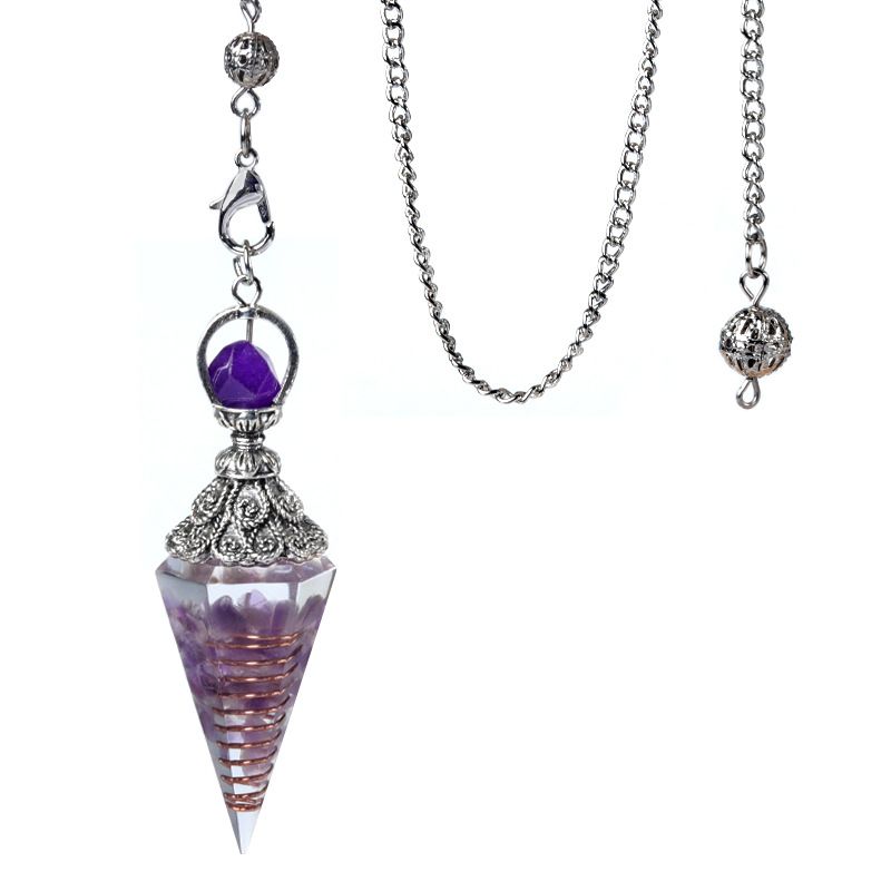1924-Pêndulo de resina de cascalho colorido de cristal de prata antigo, pingente de cone hexagonal, transfronteiriço