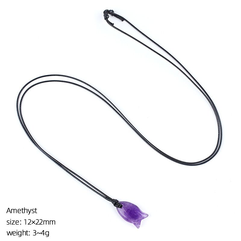 Colar de peixe de cristal natural 22Mm bonito tecido à mão ajustável corrente de suéter pedra áspera gravada pingente em forma de peixe