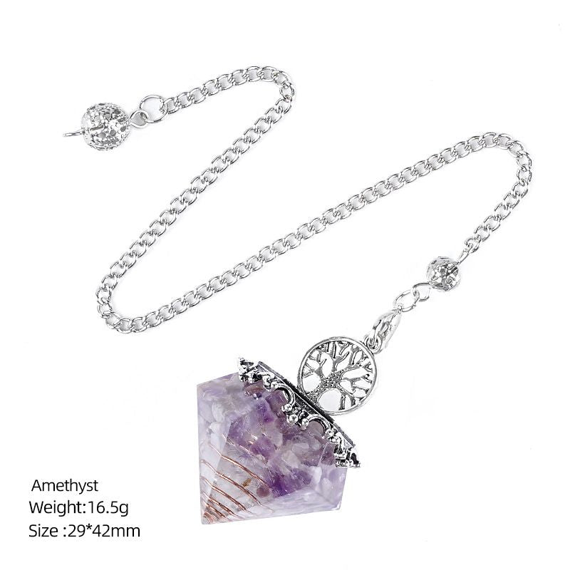 Pingente de pêndulo de cristal natural Resina retro europeia e americana Epóxi colorido pedra áspera losango ajustável árvore de frequência do pêndulo da vida