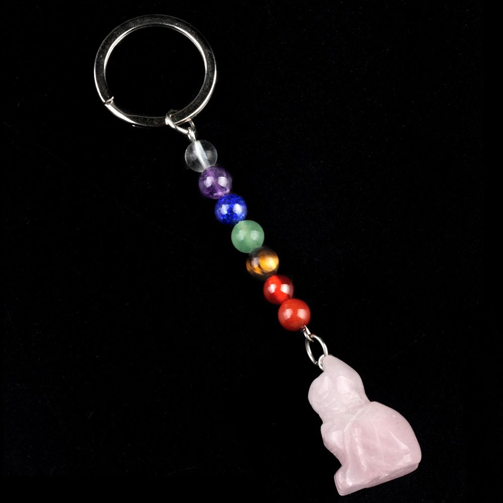 1956-Chaveiro de gatinho de pedra de cristal colorido, pingente de jóias de chakra, pingente de chaveiro de animal pequeno
