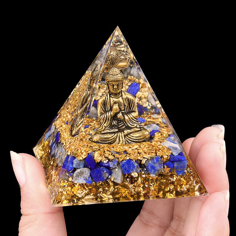 Nova pirâmide de 6cm torre de ouro azul ametista natural Elefante Deus série Ornamento de pirâmide epóxi