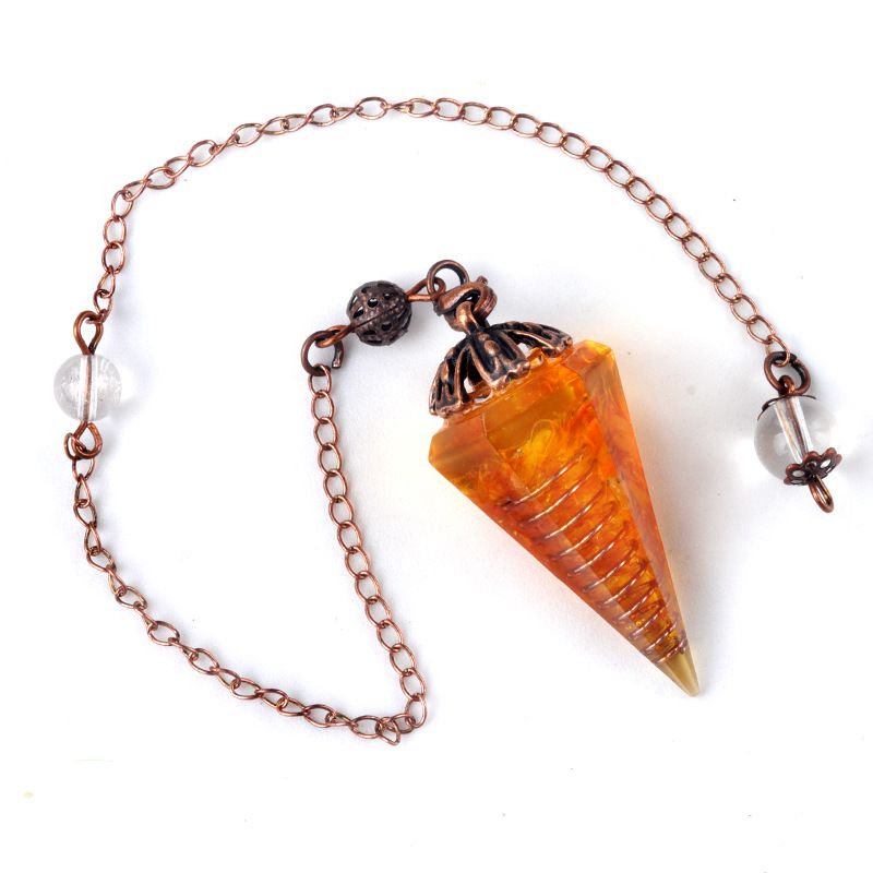 1697-Pêndulo de cristal colorido pêndulo de bandeja de flor de cobre vermelho antigo, pêndulo de cone hexagonal de resina de cascalho natural