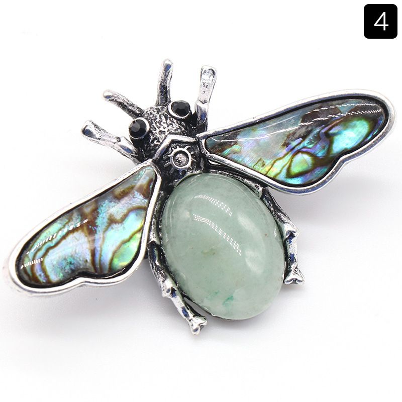 1209-Abelha semipreciosa de ágata de cristal, pingente de pedra preciosa de concha de abalone incrustada em liga, colar de broche