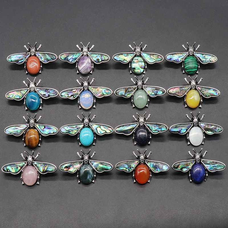 1209-Abelha semipreciosa de ágata de cristal, pingente de pedra preciosa de concha de abalone incrustada em liga, colar de broche