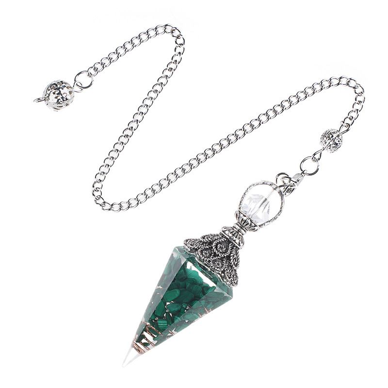 Pêndulo de cristal natural Pêndulo de resina de cone hexagonal de prata antiga envolto em epóxi