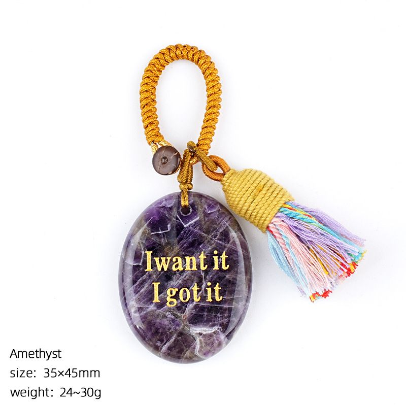 2454 Chaveiro de pedra de cristal natural com letras de ágata pingente de carro, pingente de bolsa de pedra mindfulness.