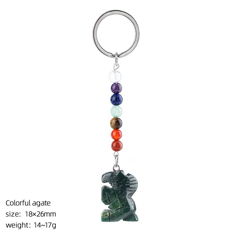 Chaveiro de pônei de jade natural, acessórios de chakra de contas redondas coloridas, pingente de pônei de ágata de cristal gravado.