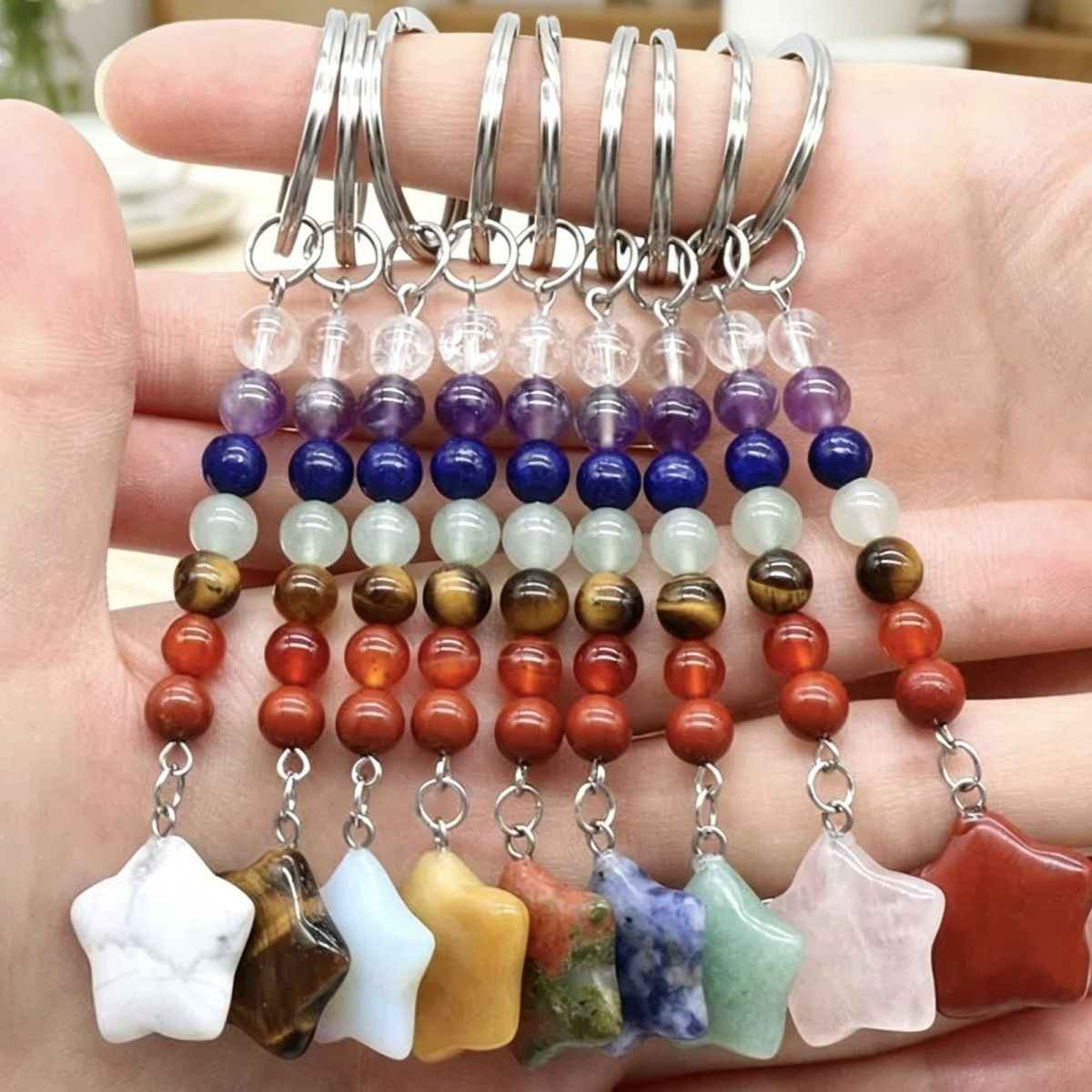 1472-Cristal natural de pedra colorida pentagrama pingente de chave de jóias pingente de bagagem DIY chaveiro