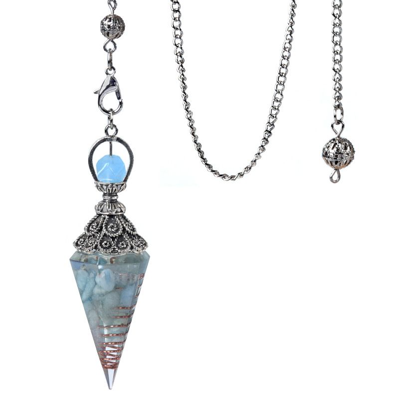 1924-Pêndulo de resina de cascalho colorido de cristal de prata antigo, pingente de cone hexagonal, transfronteiriço