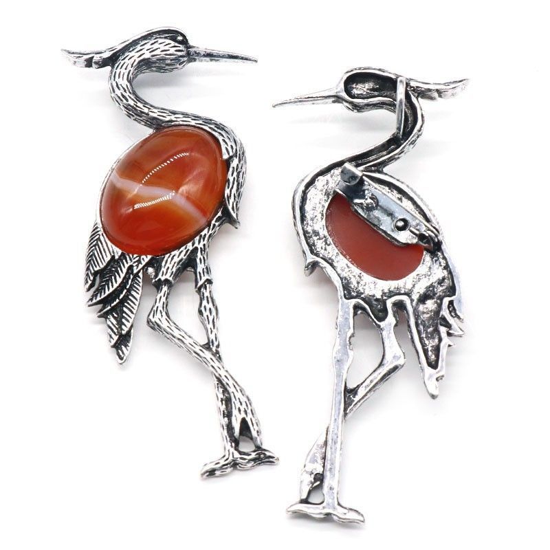 Pingente de broche incrustado de guindaste de coroa vermelha semi-preciosa de cristal natural de uso duplo, acessórios para jaqueta de alfinete de corsage