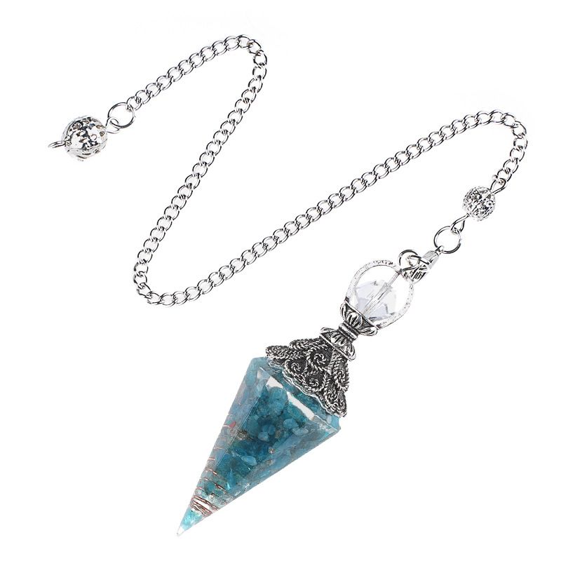 Pêndulo de cristal natural Pêndulo de resina de cone hexagonal de prata antiga envolto em epóxi