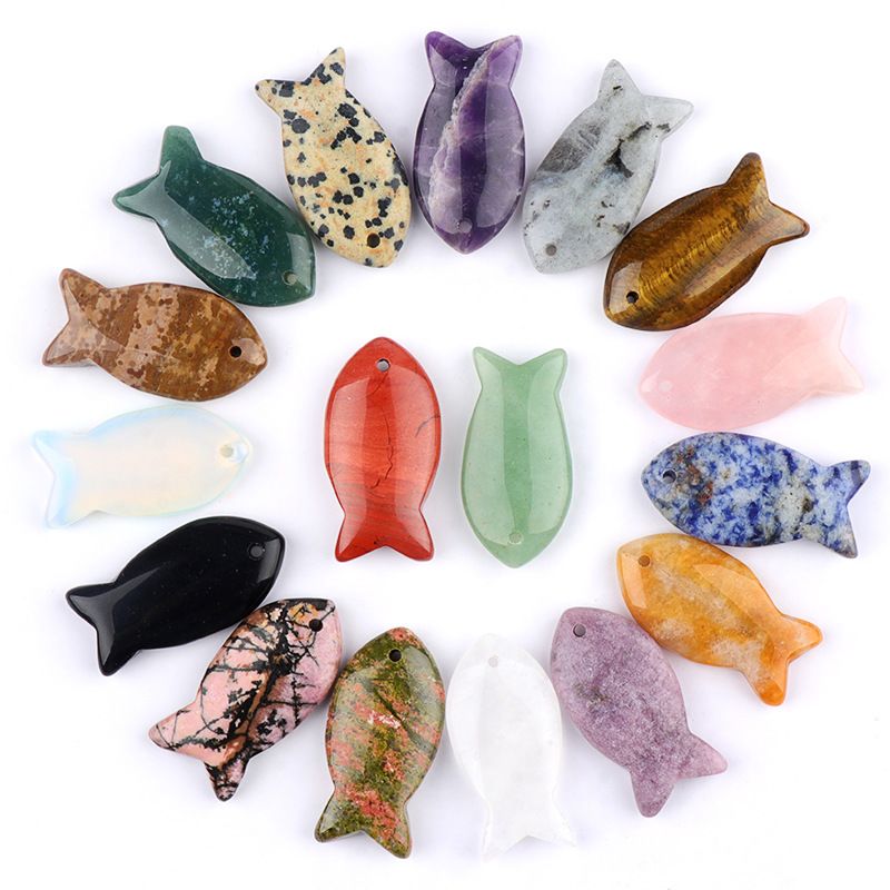 Atacado transfronteiriço 38mm cristal natural pingente de peixe pequeno DIY pedra criativa perfurada ágata pedra colar em forma de peixe