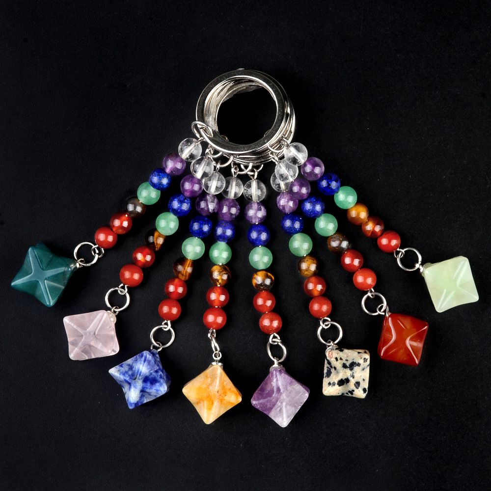 1937-Pedra colorida de cristal natural ágata Kaba chaveiro estrela, pingente de hexagrama tridimensional Merkaba.