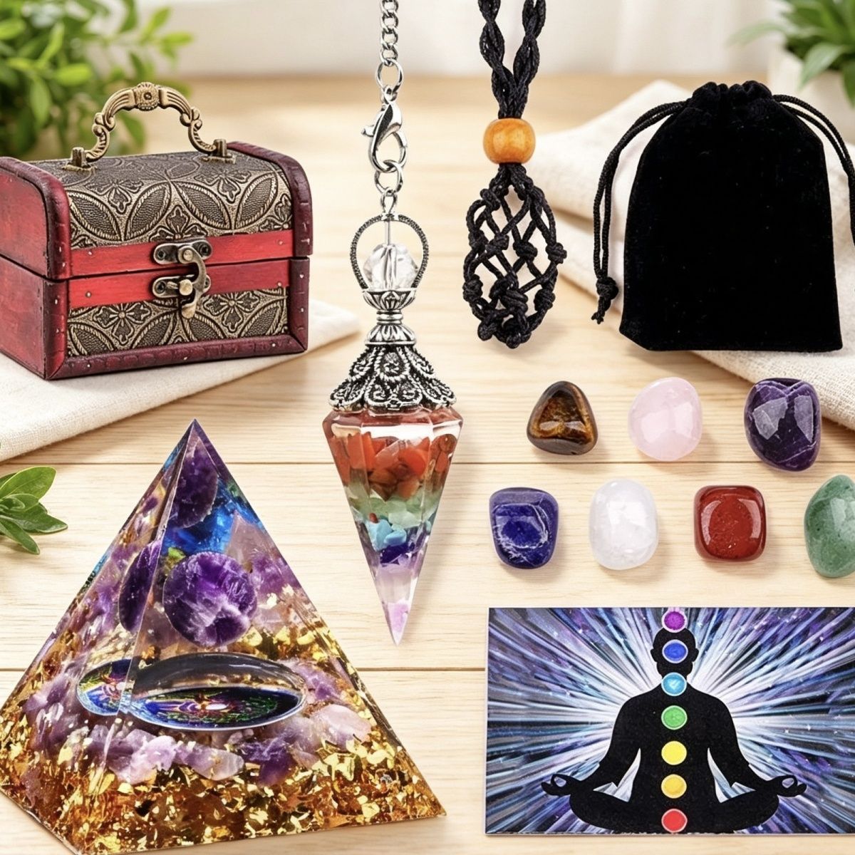2135-Cristal Artesanato Cristal Natural Pedra Colorida Tecida Malha Bolso Pirâmide Pêndulo Conjunto De Cascalho