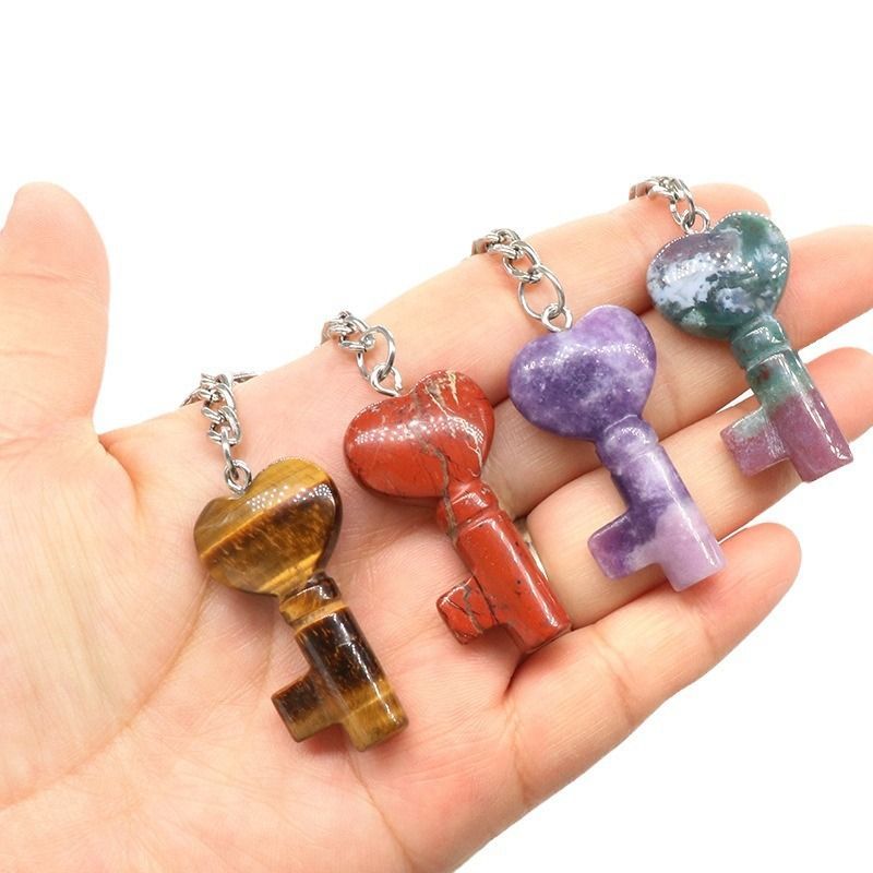 1569 - Chaveiro de Coração de Cristal Natural Chaveiro de Coração Pingente de Fechadura em Forma de Coração DIY Acessório Criativo de Pingente