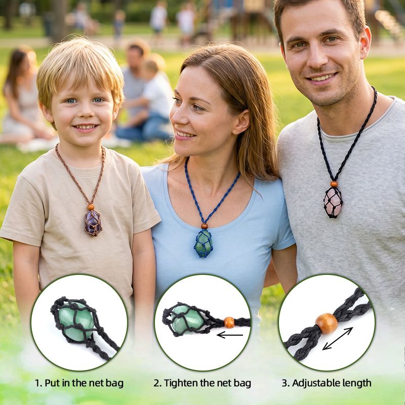 Colar de bolso de malha de pedra áspera de cristal Pingente de pedra natural ajustável tecido à mão boêmio corda retrô