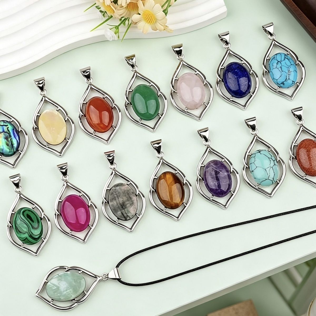 Cabeça de pedra semi-preciosa de cristal natural incrustada pingente de concha de ágata ametista olho de tigre DIY colar acessórios de jóias