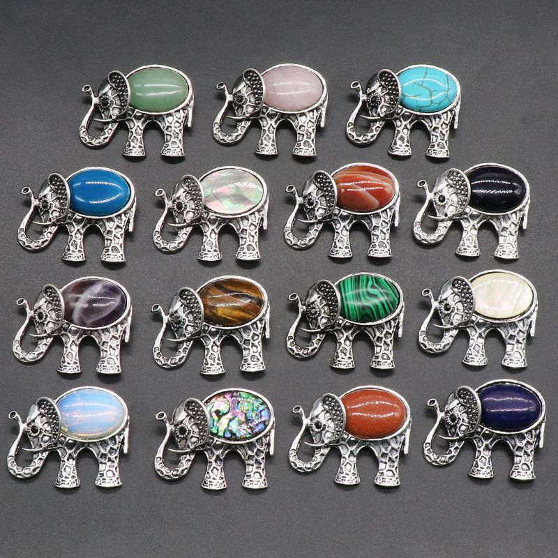 Pingente de gema broche de elefante, concha de ágata de cristal com colar de pino de pingente de pedra preciosa