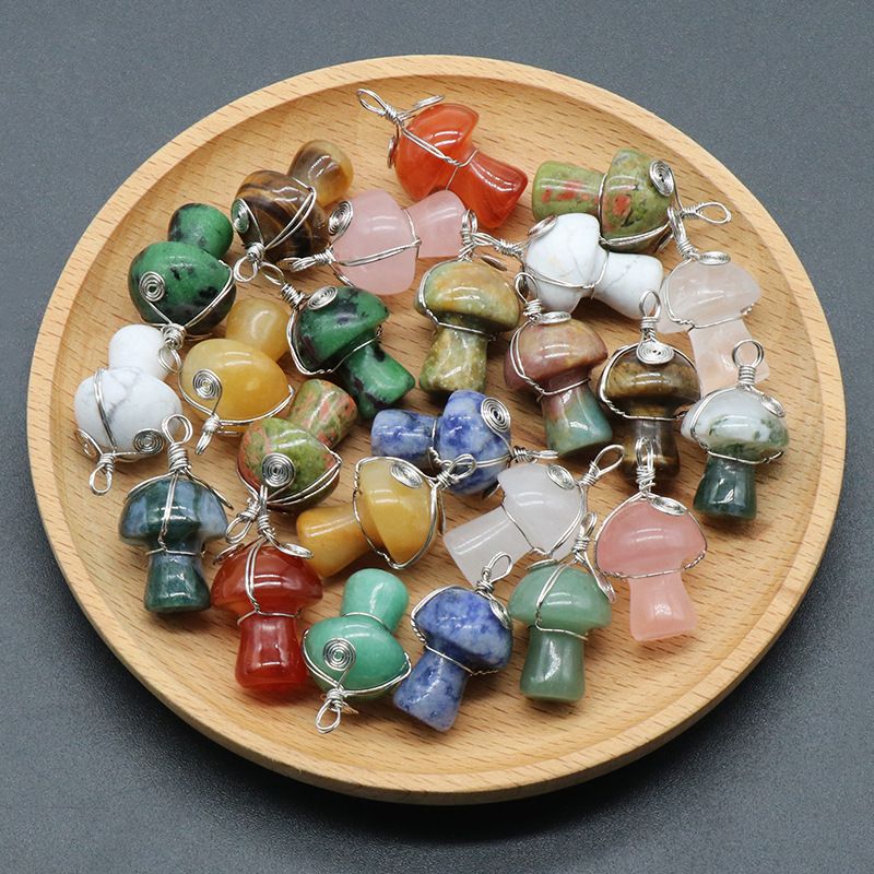 1531-Pedra de cristal natural 20mm pequeno cogumelo enrolamento pingente DIY pingente