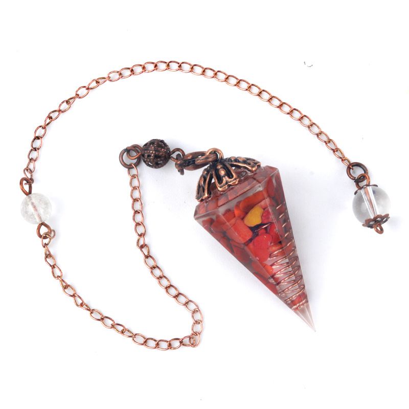 1697-Pêndulo de cristal colorido pêndulo de bandeja de flor de cobre vermelho antigo, pêndulo de cone hexagonal de resina de cascalho natural