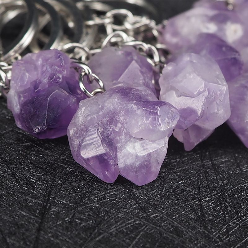 Espécime mineral de pedra áspera de ametista, anel de chaveiro irregular de cristal único, pingente de joias para bolsa de celular, acessórios