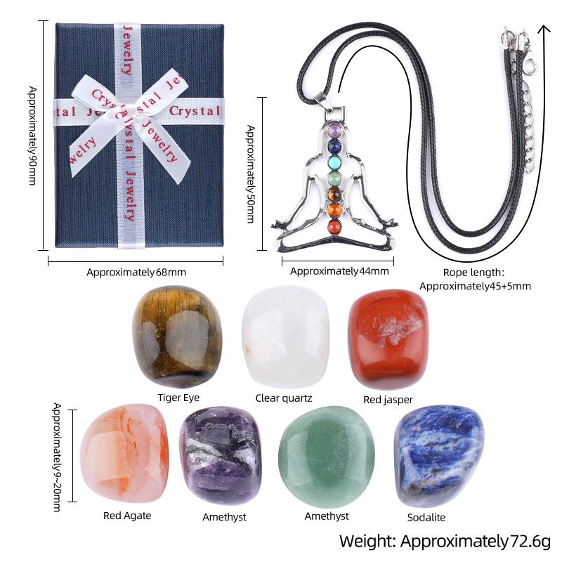 2409 Conjunto de combinação de ágata de pedra semipreciosa de cristal colorido, pedra rolante de ponta dupla, chakra de meditação de ioga de sete veias, caixa de presente correspondente.