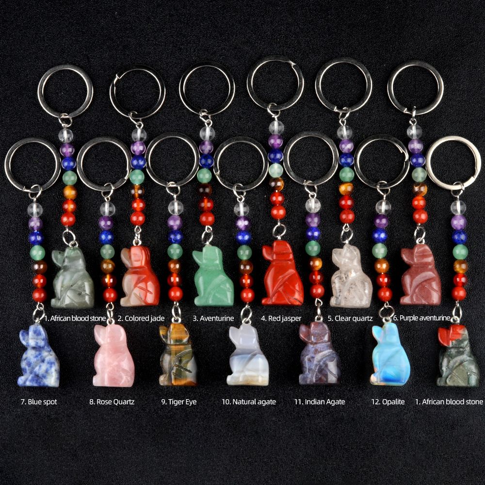 1958-Chaveiro de cachorro de pedra de cristal colorido, pingente de jóias de chakra, pingente de chaveiro de animal pequeno