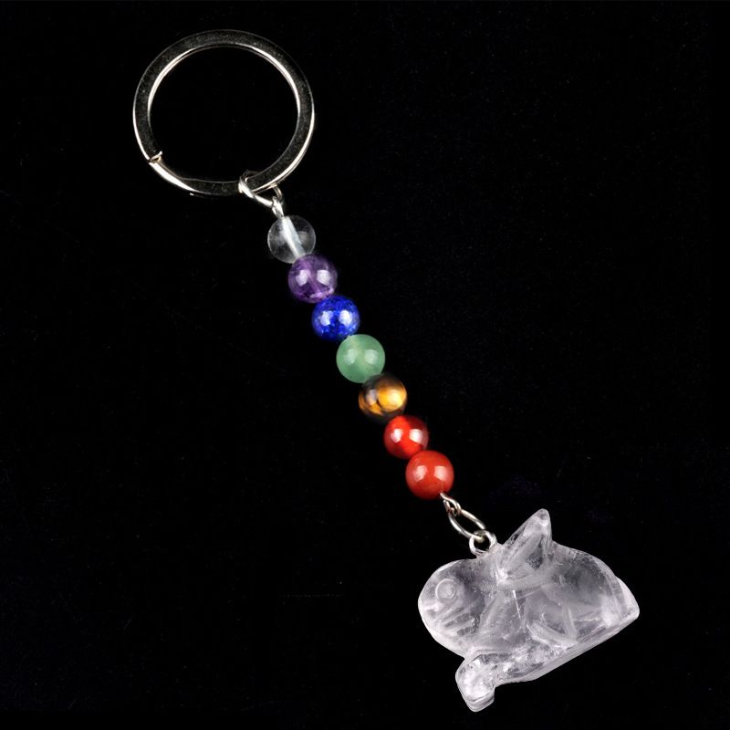 2011-Chaveiro de coelho de pedra de cristal colorido, pingente de jóias de chakra, pingente de chaveiro de animal pequeno.