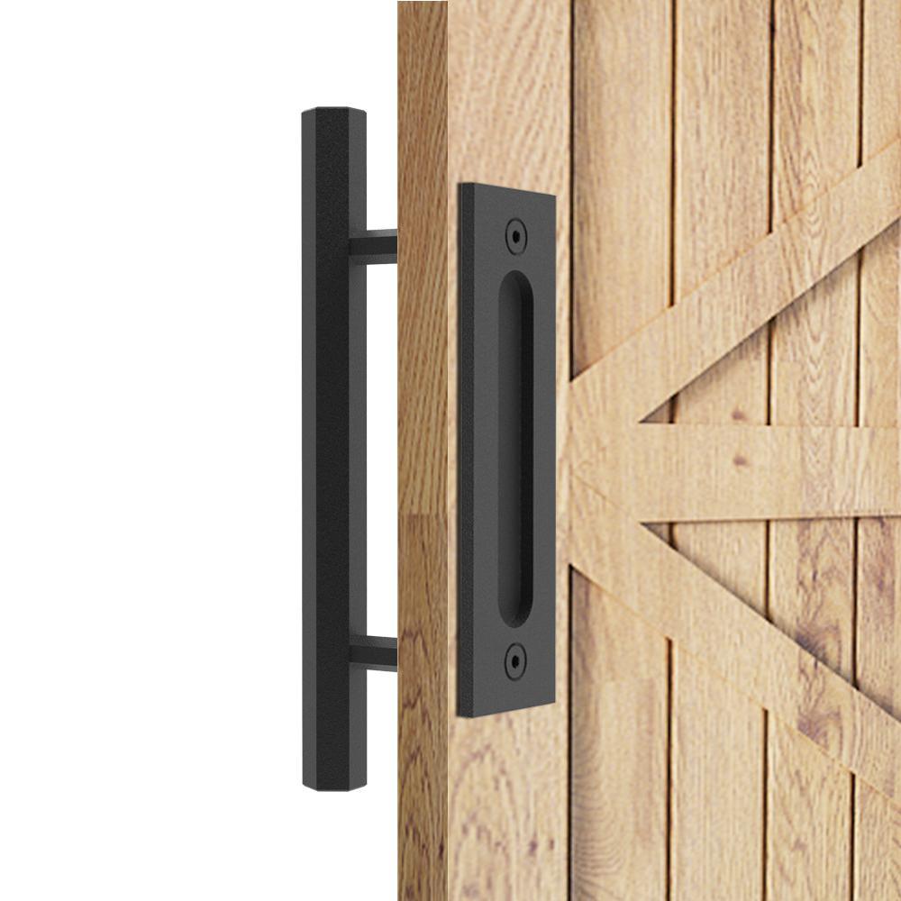 10 in. Black Hexagon Pull and Flush Sliding Barn Door Handle Set