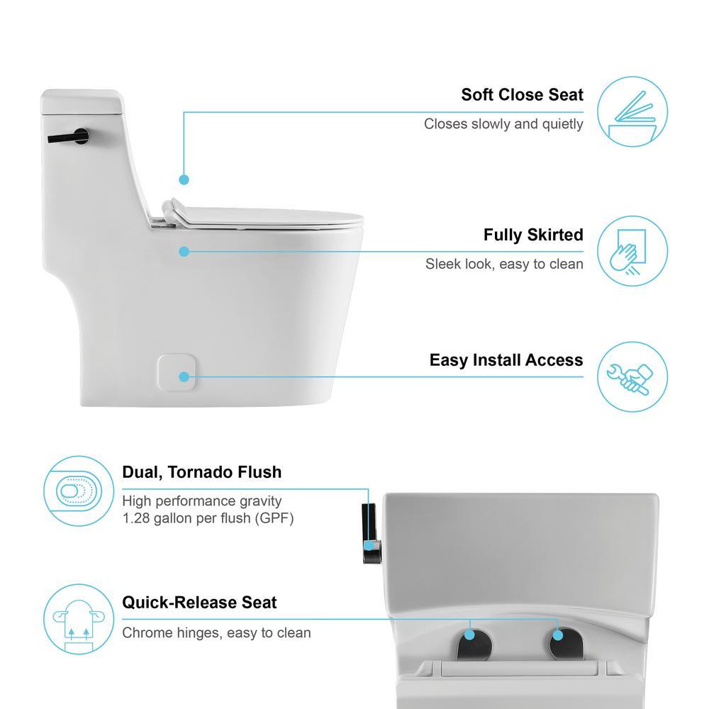 1-Piece 1.28 GPF High Efficiency Single-Flush Elongated Skirted Toilet All-in-One Toilet in White Seat Included