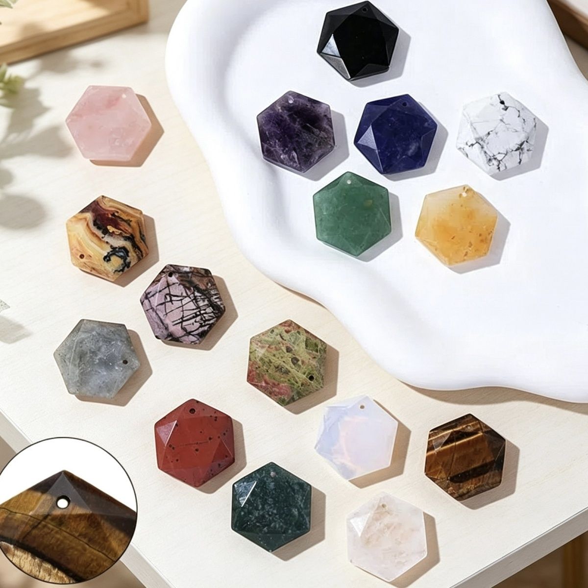 Acessórios de pingente de hexagrama de cristal natural Agate perfurado corte geométrico grande satélite colar de pedra
