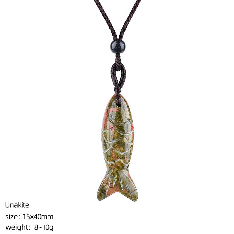 Colar de peixe pequeno de pedra semi-preciosa natural de 40Mm, colar de corda trançada ajustável, pingente de peixe pequeno de ágata tridimensional com gravura em pedra ágata.