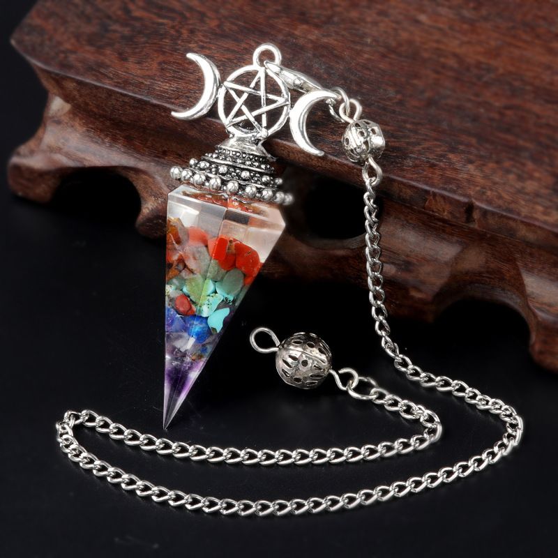 1690-Lua trifásica colorido cascalho resina cristal pedra preciosa hexagonal cone pêndulo, pingente de chakra