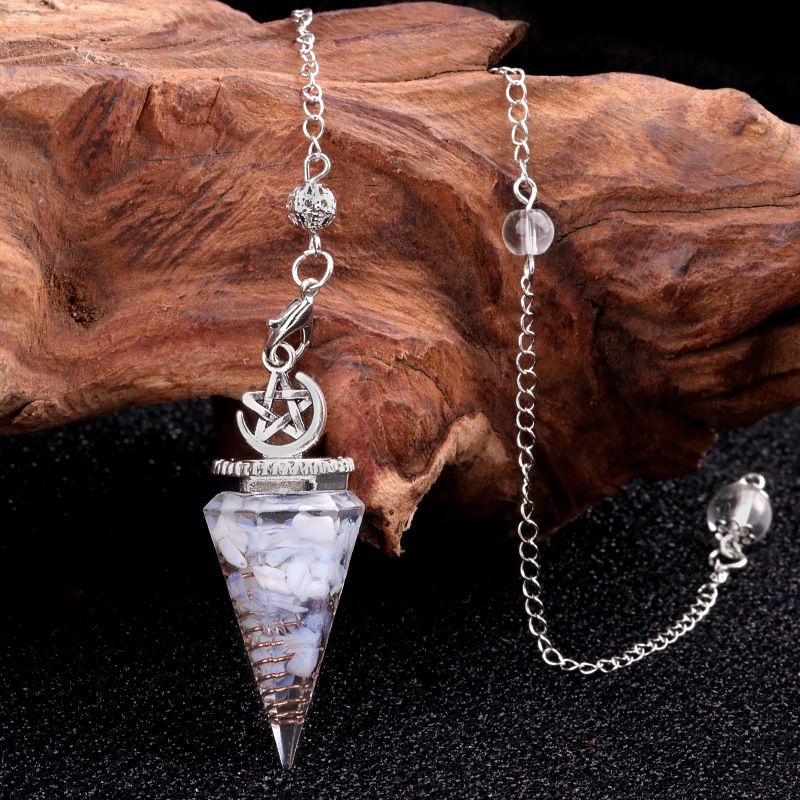 2138-Star-Moon Hexagonal Cone Cristal Ágata Pedra Semi-preciosa Resina de Cascalho Pingente de Pêndulo
