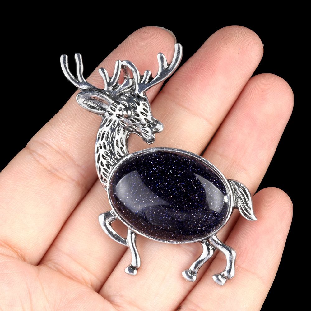 1934-Pingente de broche de alce de pedra semipreciosa incrustada em liga de cristal natural Alfinete de moda europeu e americano