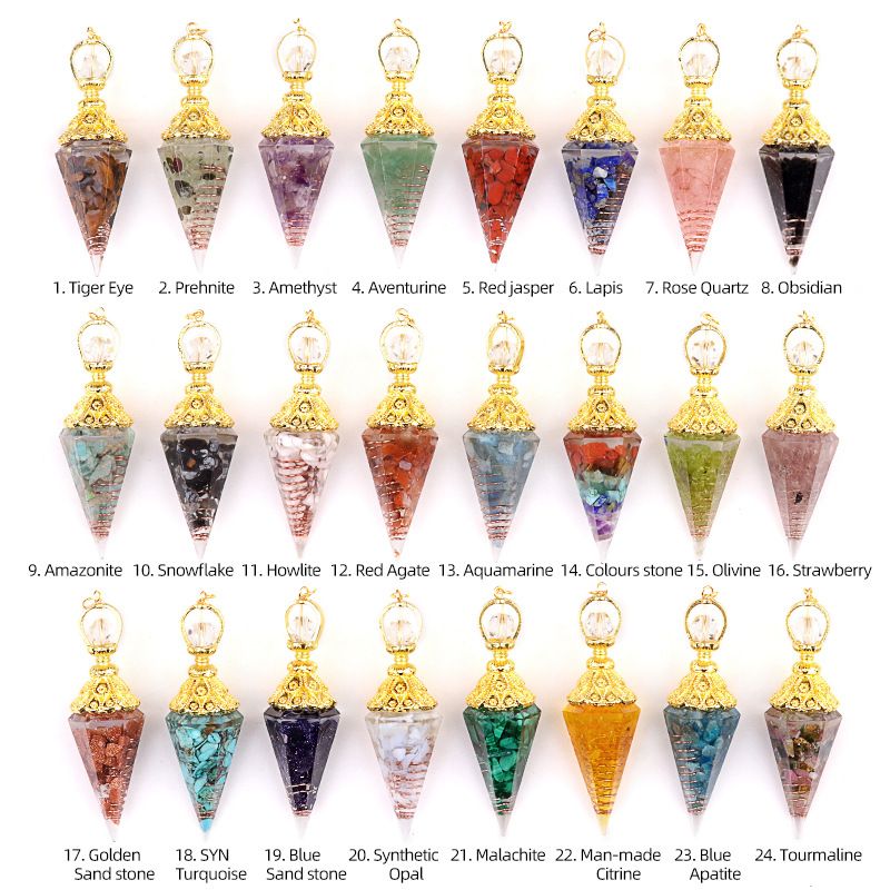2110-Pingente de pêndulo de cone hexagonal de pedra de cristal natural de ágata colorido de resina de cascalho de ouro, novo produto