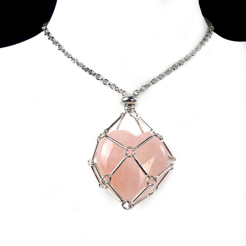 1737-Corrente de aço inoxidável de pedra de amor de ágata de cristal natural, pingente de bolso de malha de coração de bambu de metal