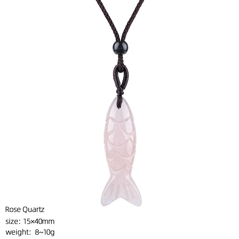 Colar de peixe pequeno de pedra semi-preciosa natural de 40Mm, colar de corda trançada ajustável, pingente de peixe pequeno de ágata tridimensional com gravura em pedra ágata.