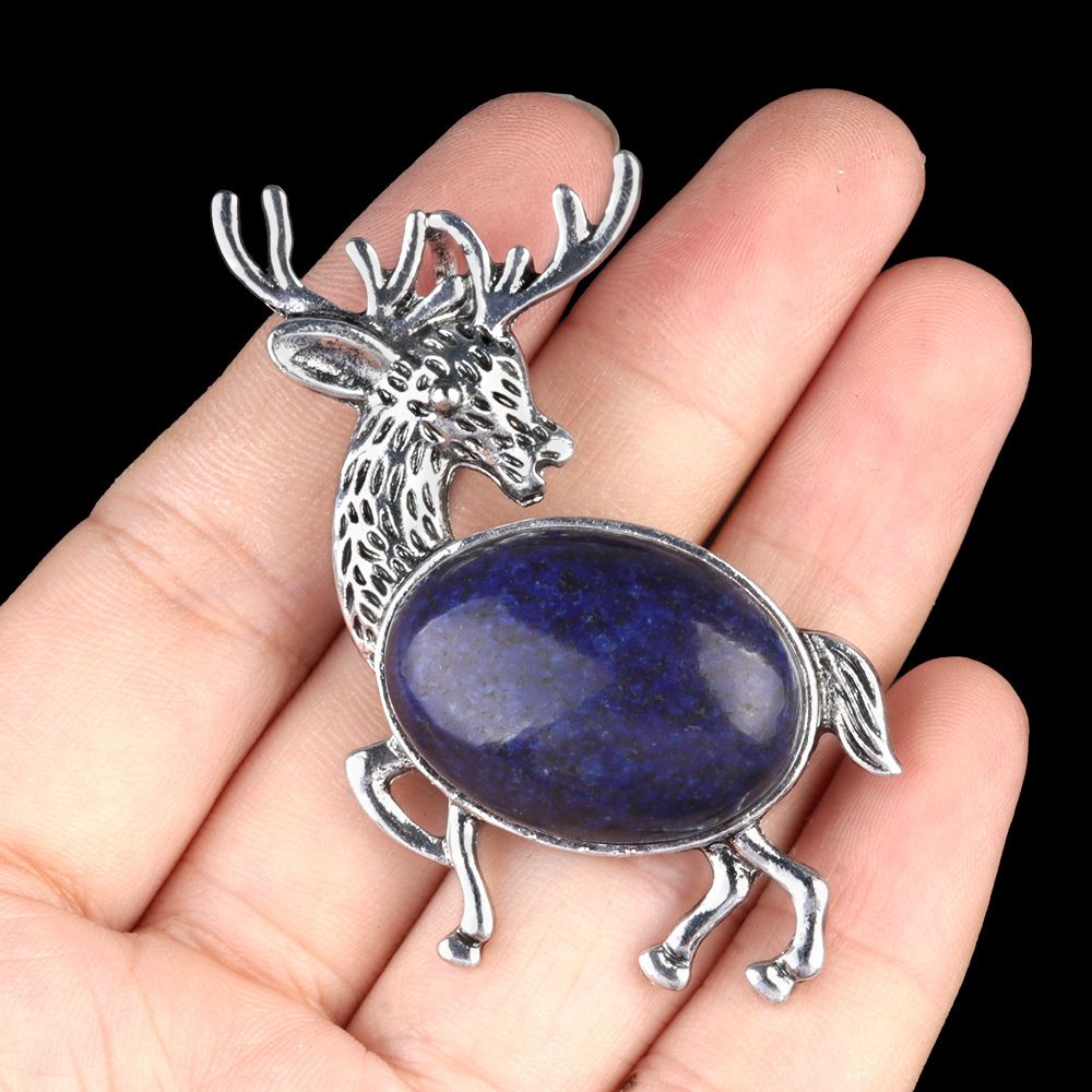 1934-Pingente de broche de alce de pedra semipreciosa incrustada em liga de cristal natural Alfinete de moda europeu e americano