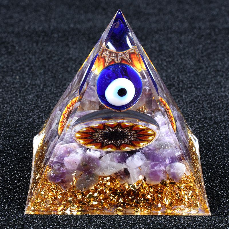 2375 Novo 6cm de cascalho de ametista natural pirâmide de olho azul ornamento de mesa de resina artesanal