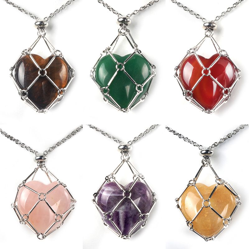 1737-Corrente de aço inoxidável de pedra de amor de ágata de cristal natural, pingente de bolso de malha de coração de bambu de metal